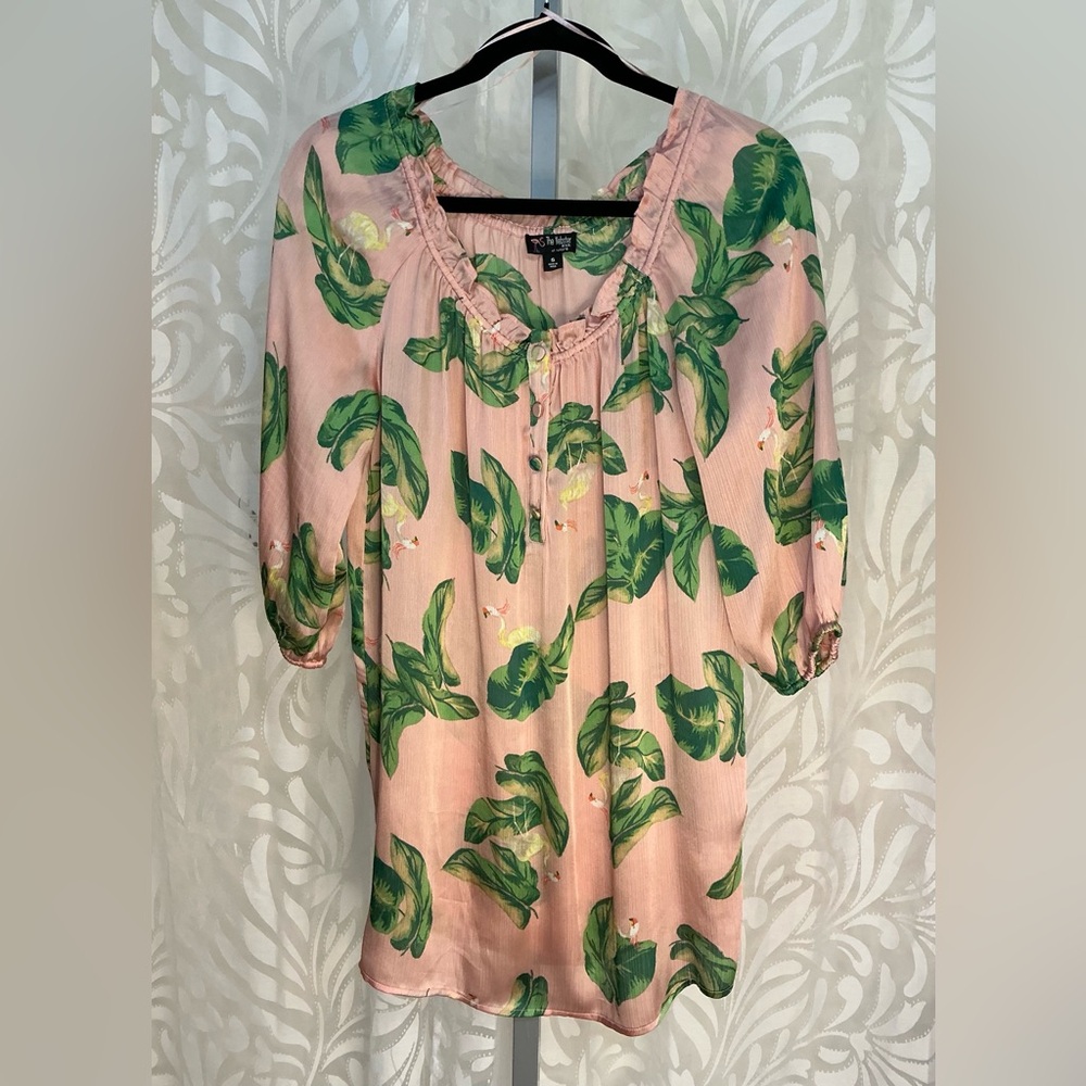 Pink Lily Tropical Pink and Green 3/4 Sleeve Blouse Tunic Beach Cover Up Dress